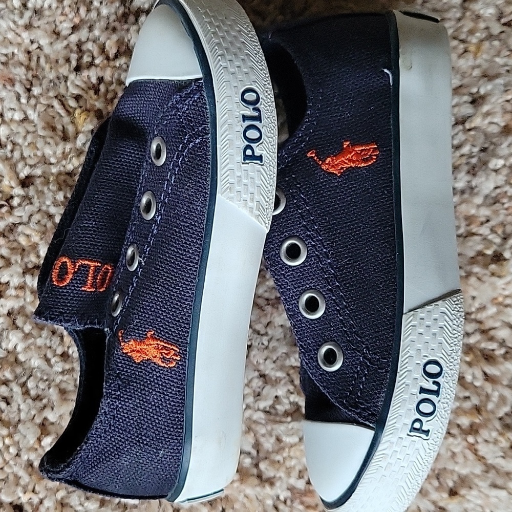 Polo by Ralph Lauren Navy Canvas Slip-On Sneakers with Orange Logo - Picture 2 of 4